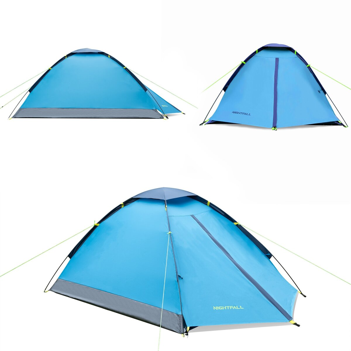 Drie aanzichten van een blauwe tent, gemarkeerd met 'NIGHTFALL'. De tent heeft een grijze basis, zwart frame en groene scheerlijnen, op een witte achtergrond.