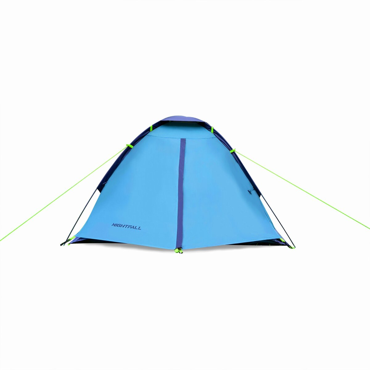 Een blauwe tent met donkerblauwe randen en lichtgroene touwen tegen een witte achtergrond. Het woord "NIGHTFALL" is zichtbaar.