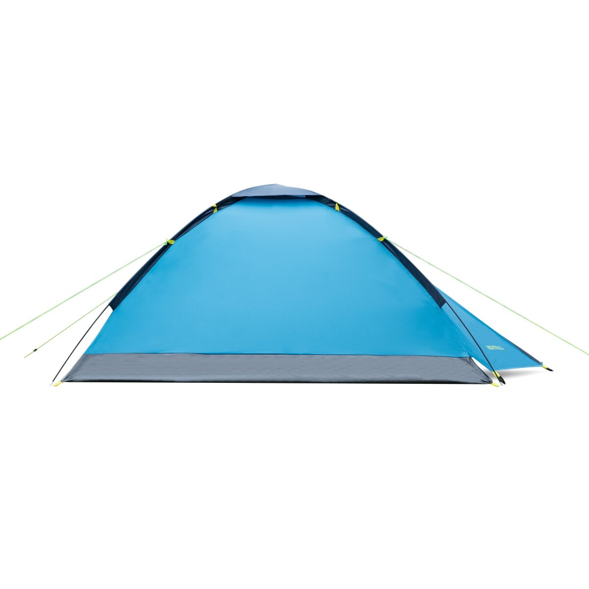 Een blauwe en grijze tent staat tegen een witte achtergrond. Scheerlijnen zijn bevestigd. De tent heeft een donkerblauw dak en grijze basis.
