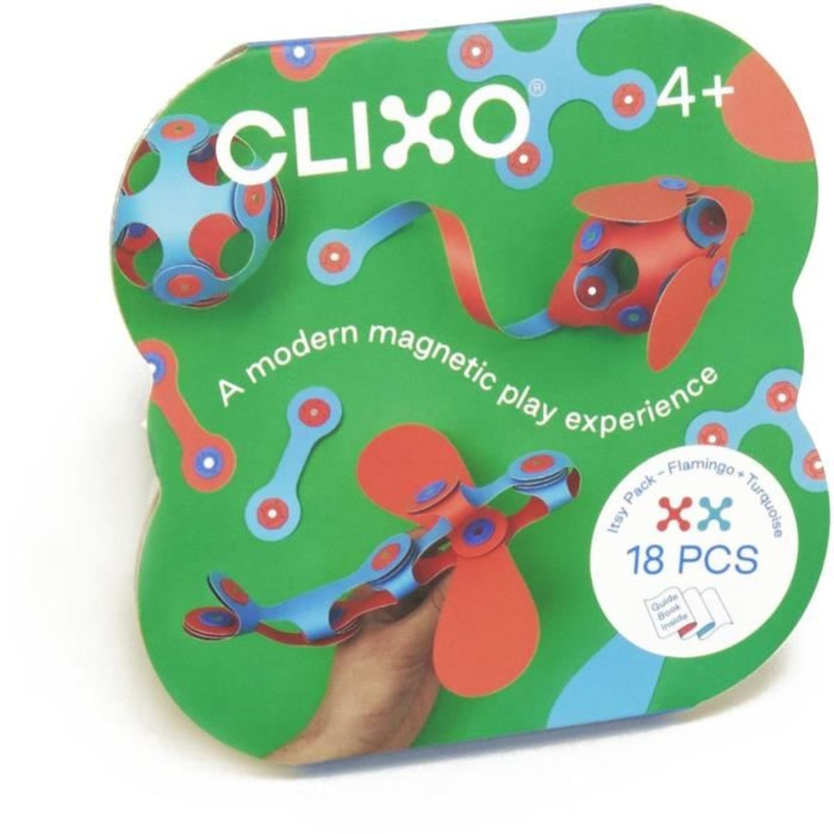 Grüne Schachtel mit 'CLIXO' und magnetischen Spielteilen in Rot und Blau, dazu eine Hand. Auf der Schachtel steht '18 PCS' und '4+'.