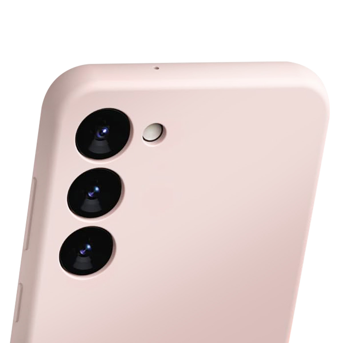 Primo piano del retro di uno smartphone rosa chiaro. Presenta tre obiettivi e un flash. Il corpo del telefono è liscio e arrotondato.