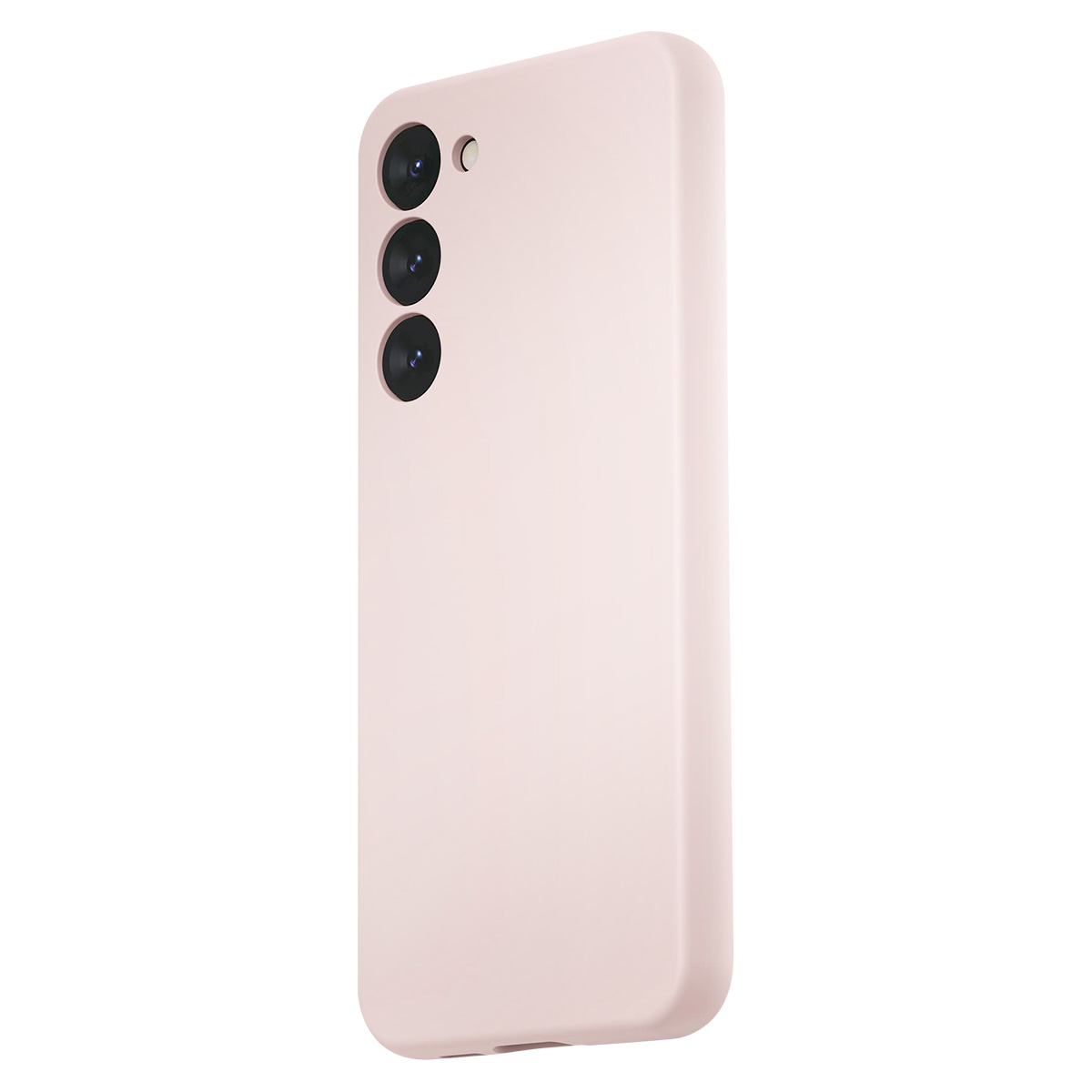 Una cover per telefono rosa chiaro con tre obiettivi e un flash. La cover è liscia e lo sfondo è bianco.