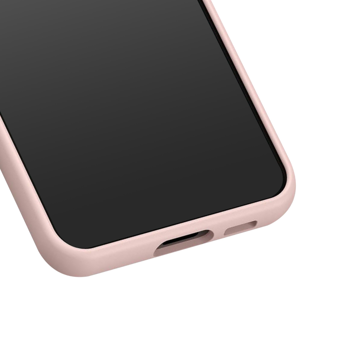 Primo piano di uno smartphone. Lo schermo è nero e il telefono ha una custodia rosa. Il bordo inferiore mostra le porte.