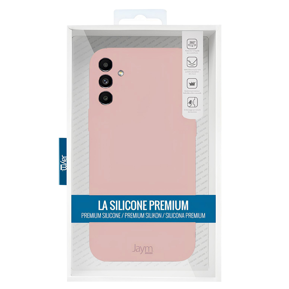 Una custodia rosa per telefono in una confezione trasparente. Il testo recita 'LA SILICONE PREMIUM'. Include protezione a 360 gradi.