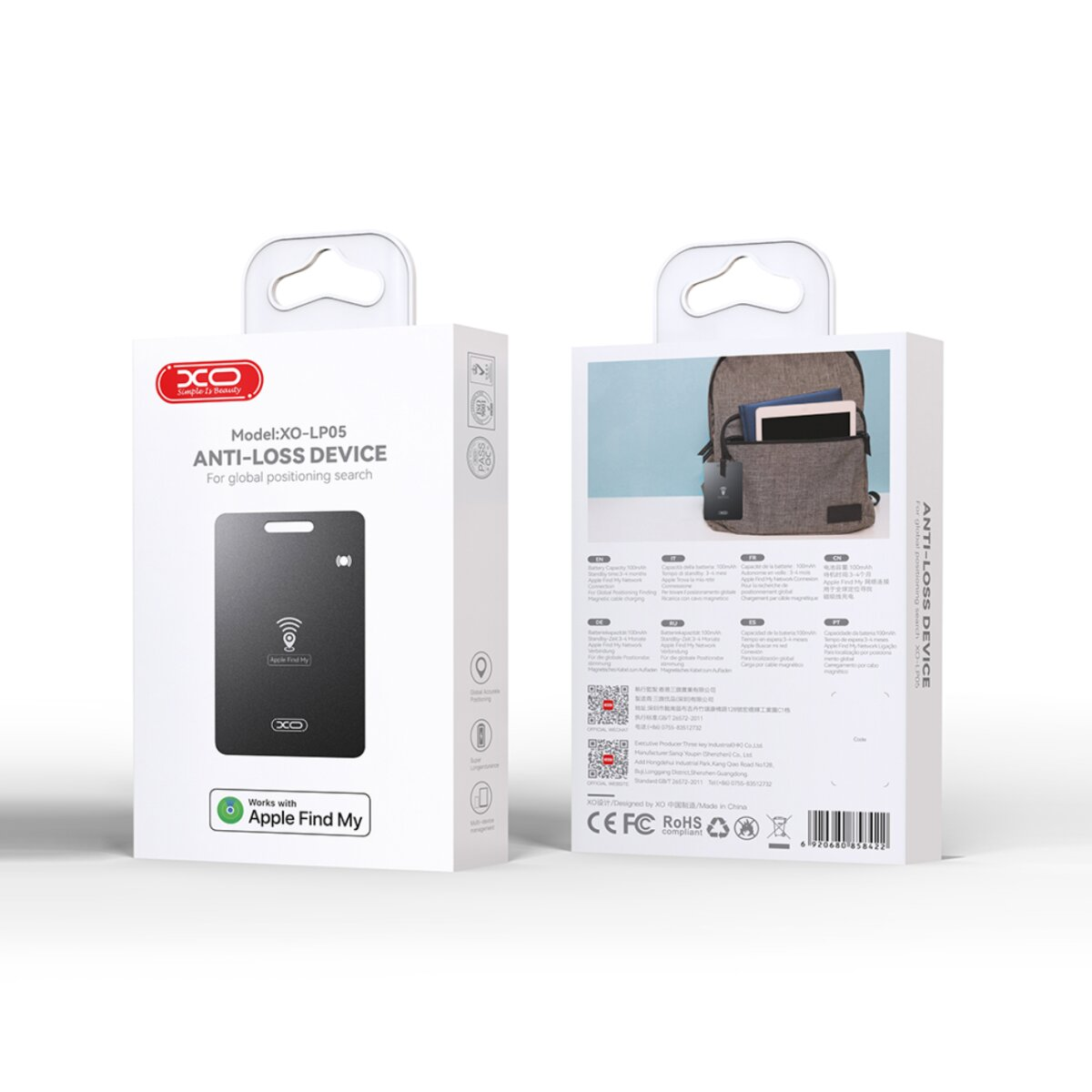 Box of an anti-loss device. Features the device, Apple Find My logo, and product info. Includes a backpack with a tablet.