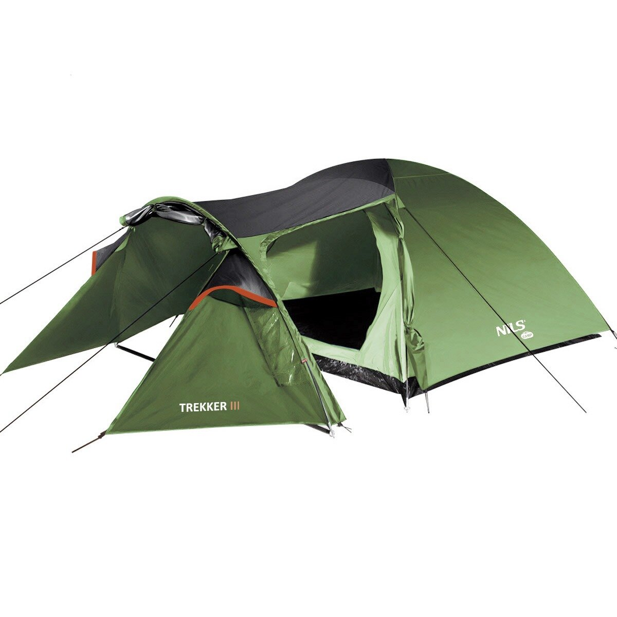 Grünes und schwarzes Campingzelt. Das Zelt hat drei Abschnitte und steht auf weißem Hintergrund. Das Wort TREKKER III ist sichtbar.