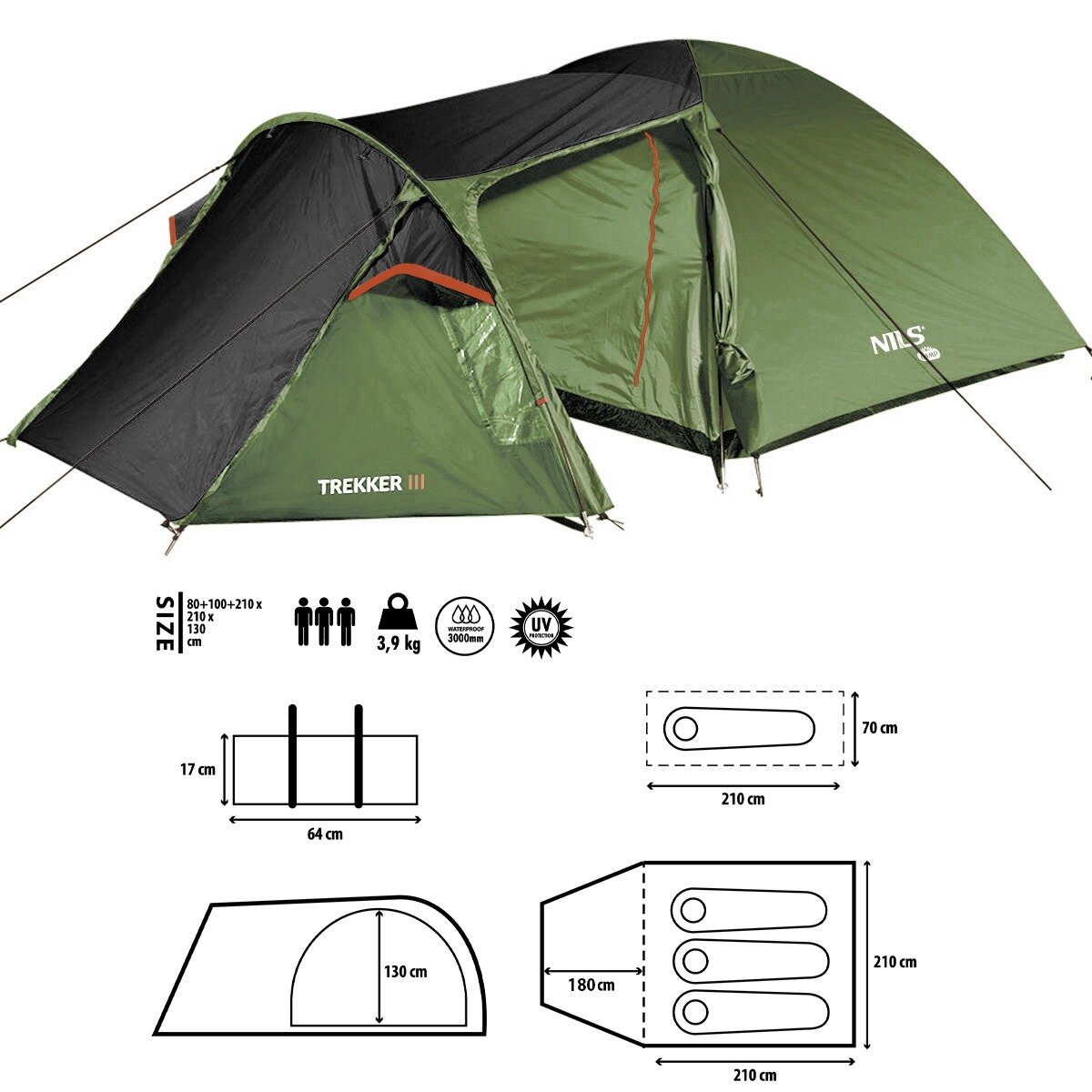 Grünes und schwarzes Campingzelt, beschriftet mit TREKKER III, Spezifikationen umfassen Abmessungen, Gewicht und wasserdichte Details, Diagramme gezeigt.