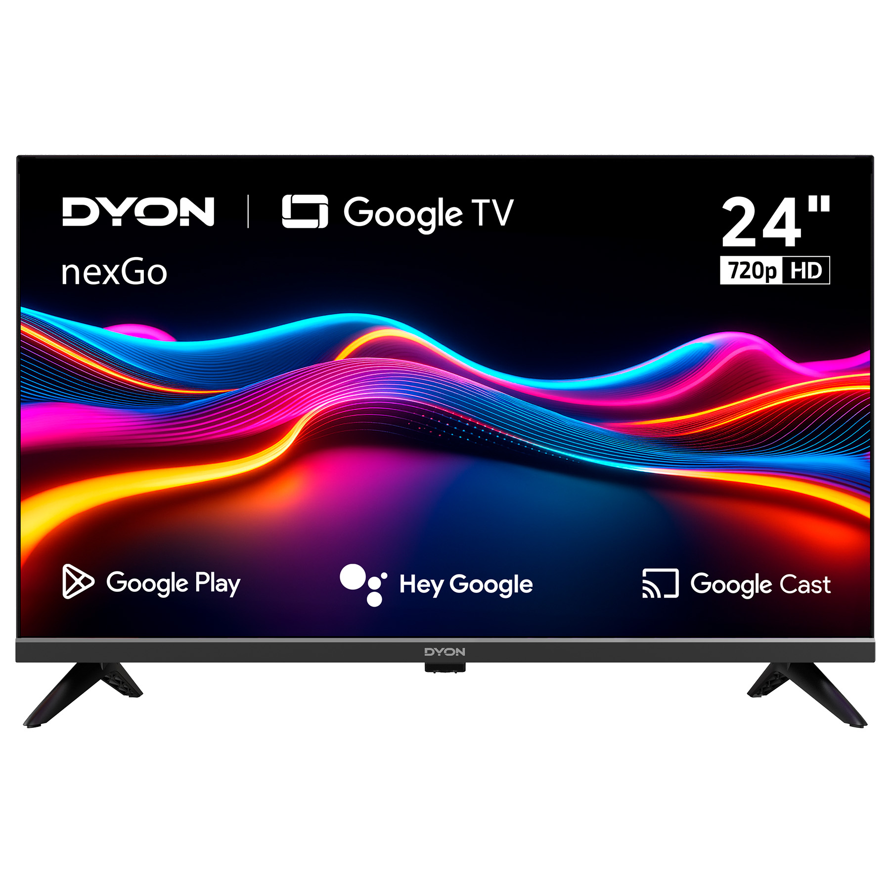 Ein 24-Zoll-Dyon nexGo Google TV. Verfügt über Google Play, Hey Google und Google Cast. Der Bildschirm zeigt bunte, abstrakte Wellen.