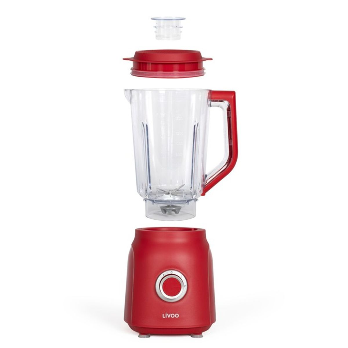 Un frullatore rosso smontato. Componenti: base, caraffa trasparente, coperchio rosso e piccolo coperchio, disposti verticalmente.
