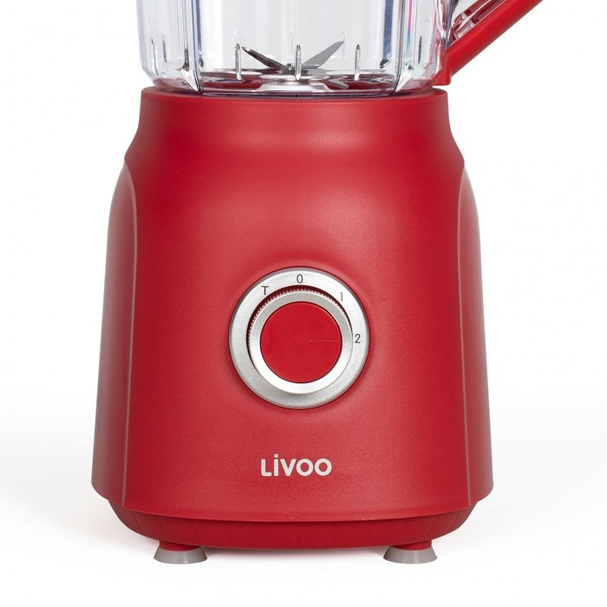 Un frullatore Livoo rosso con un contenitore trasparente e un quadrante di controllo. Il quadrante ha le impostazioni 0, 1 e 2. La base ha piedini grigi.