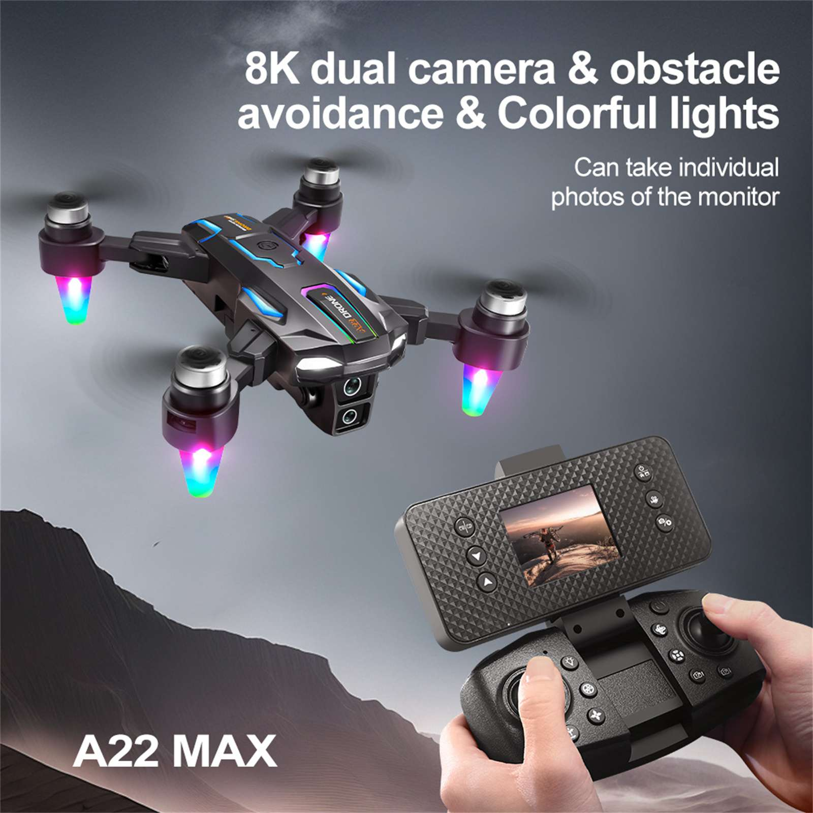 Eine Drohne mit bunten Lichtern wird mit ihrer Fernbedienung angezeigt. Text sagt 8K Dual-Kamera und A22 MAX.