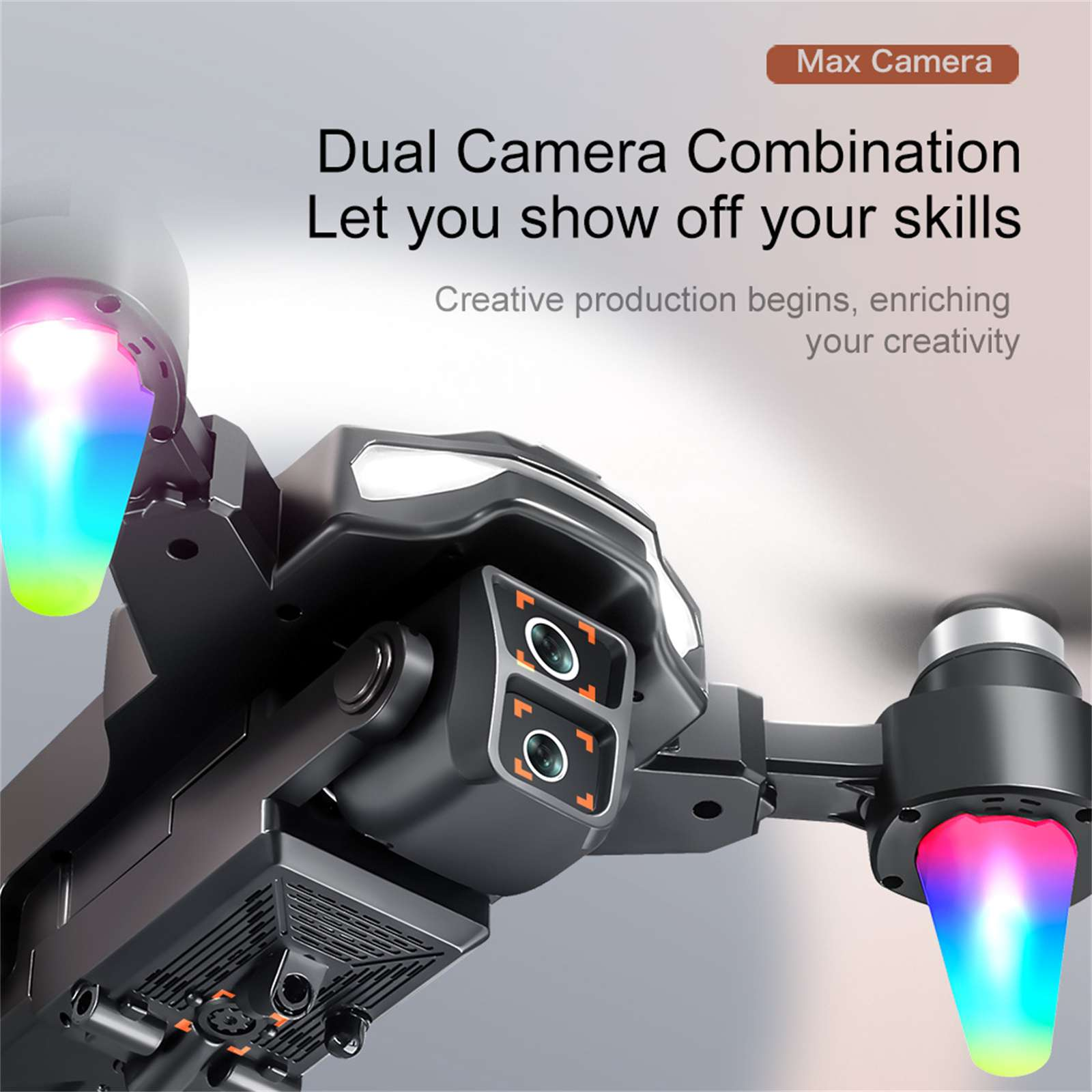 Schwarze Drohne mit zwei Kameras, LED-Leuchten. Text: 'Dual Camera Combination'. Hintergrund: grauer Farbverlauf.