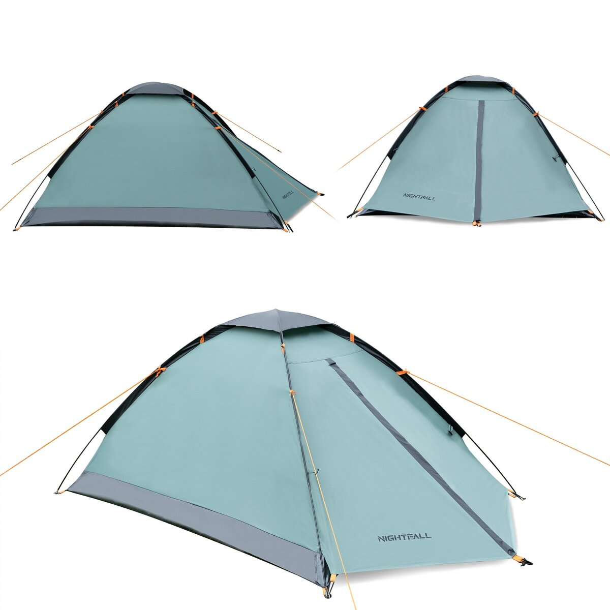 Drie aanzichten van een blauwgroene kampeertent met een grijze basis en dak. De tent heeft oranje palen en het woord 'NIGHTFALL' is zichtbaar.