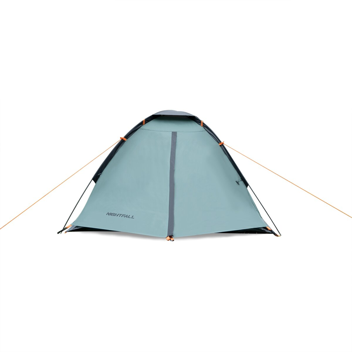 Een blauwgroene tent staat op een witte achtergrond. Het heeft een donker frame, oranje accenten en het woord 'NIGHTFALL'.