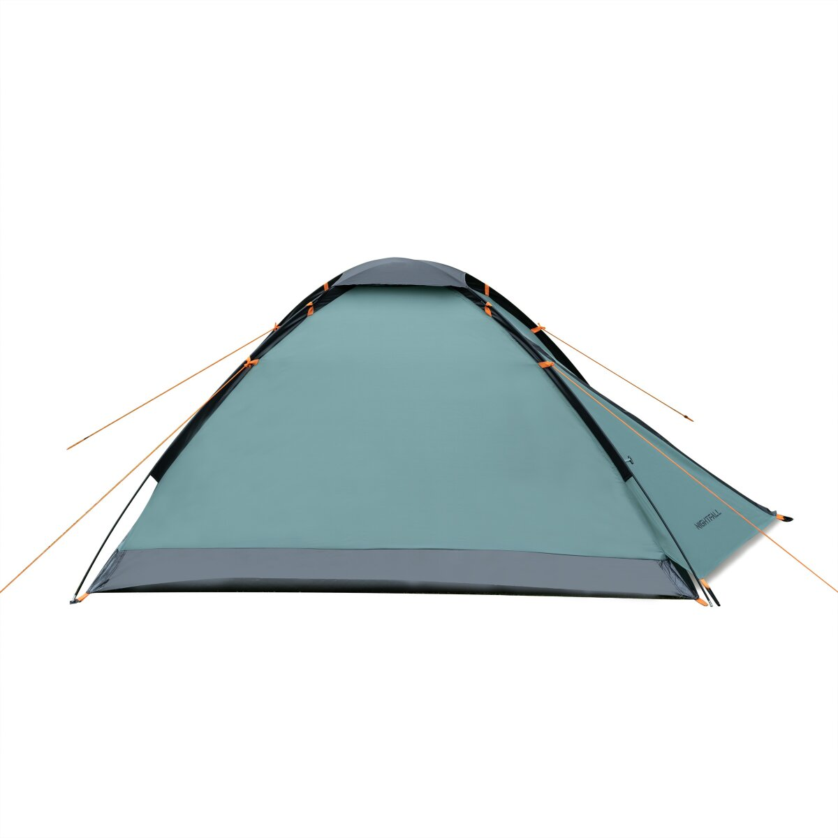 Een teal kampeertent staat op een witte achtergrond. De tent heeft zwarte palen, grijze bekleding en oranje scheerlijnen. Het merk is Nightfall.
