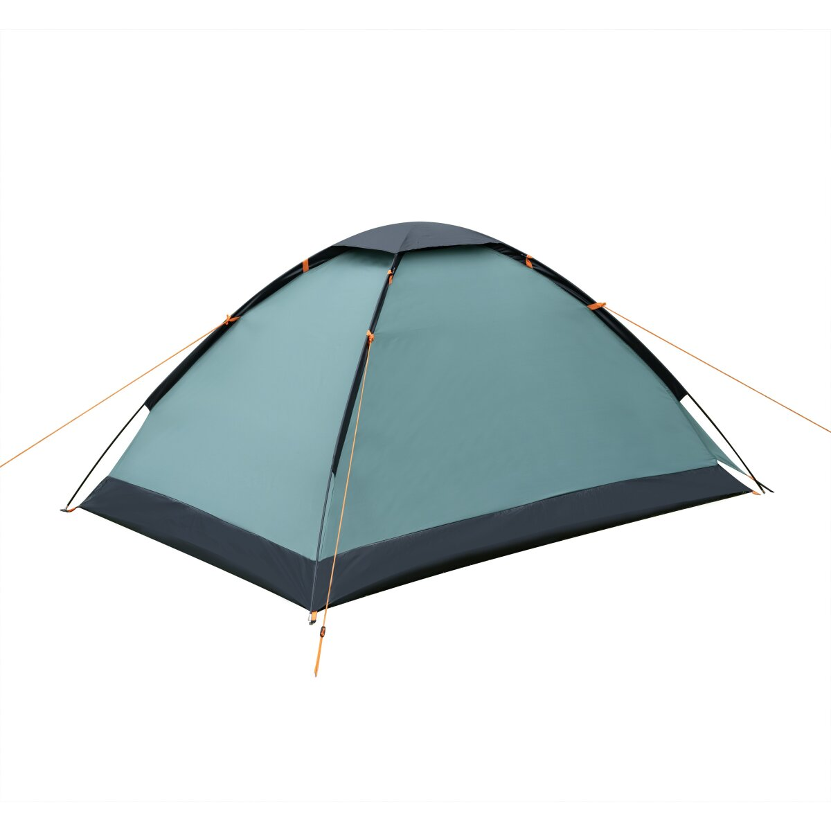Een blauwgroene tent met een zwarte boven- en onderkant tegen een witte achtergrond. Oranje scheerlijnen lopen van de hoeken van de tent.
