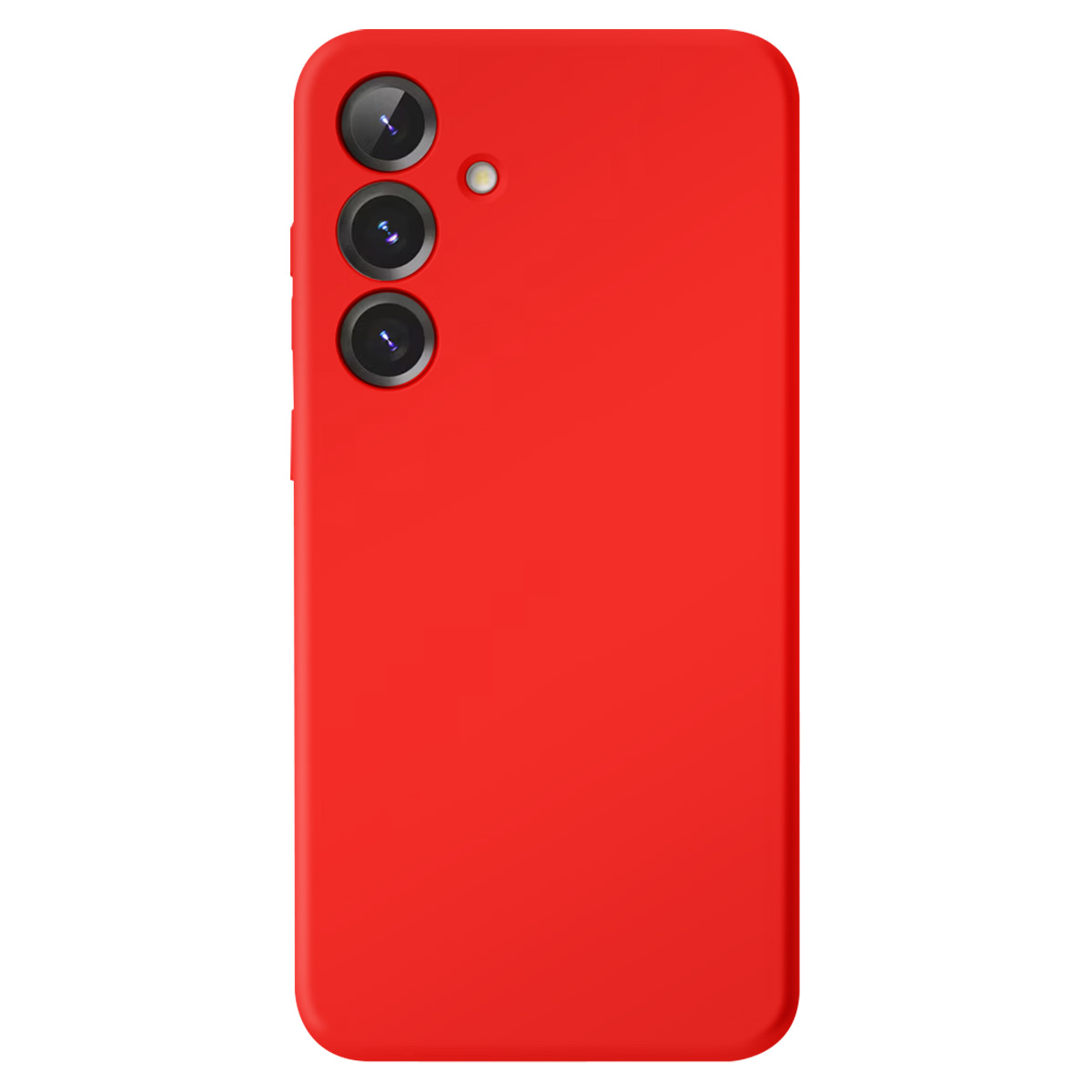 Custodia rossa per telefono con tre lenti della fotocamera e un flash. La custodia è liscia e ha angoli arrotondati, su sfondo bianco.