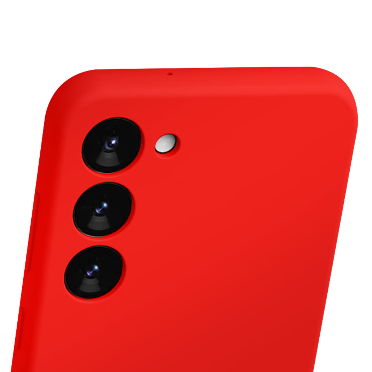 Primo piano del retro di uno smartphone rosso. Sono visibili tre obiettivi neri e un flash. L'angolo del telefono è arrotondato.