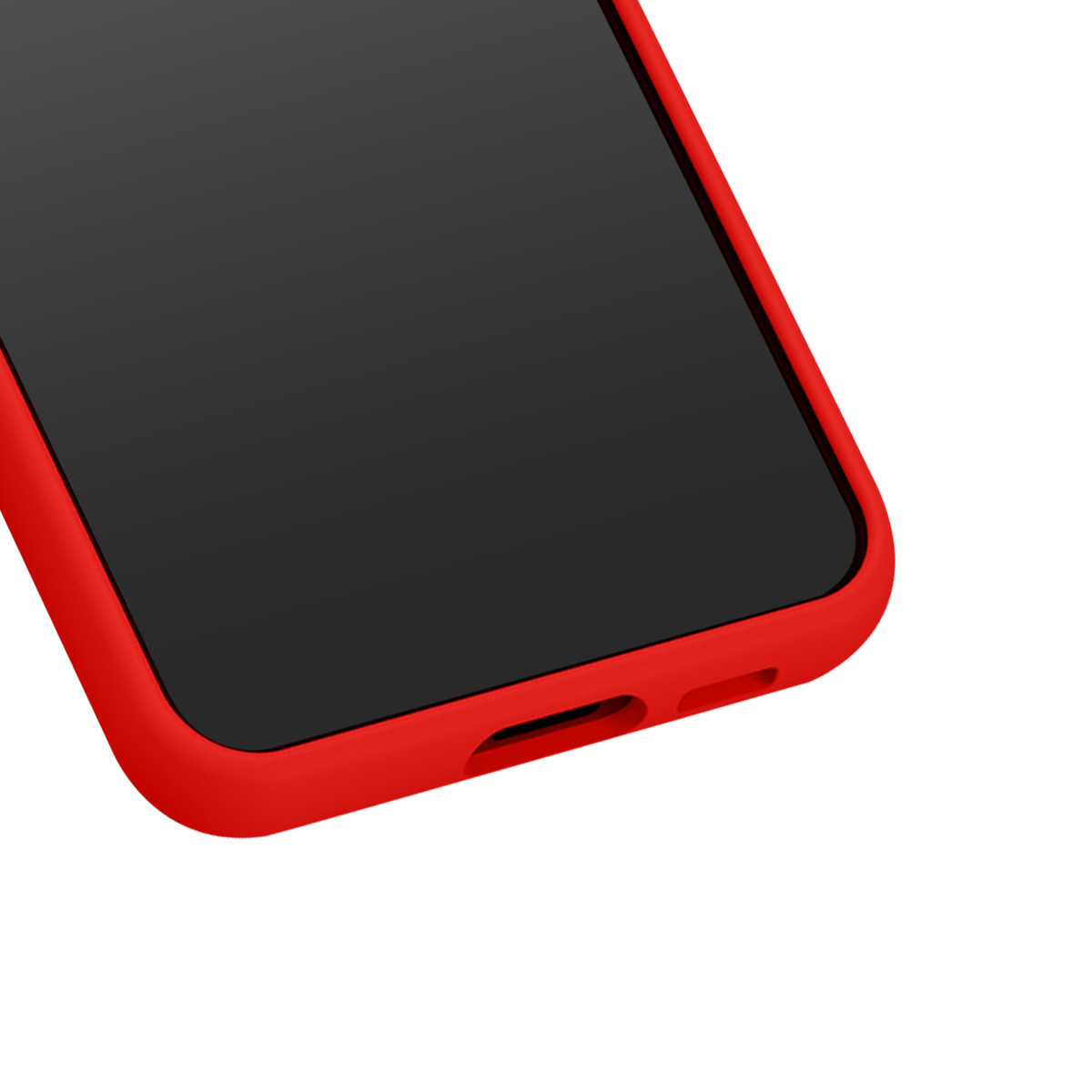 Primo piano di una custodia rossa per telefono con schermo nero. Il bordo inferiore mostra una porta e lo sfondo bianco.