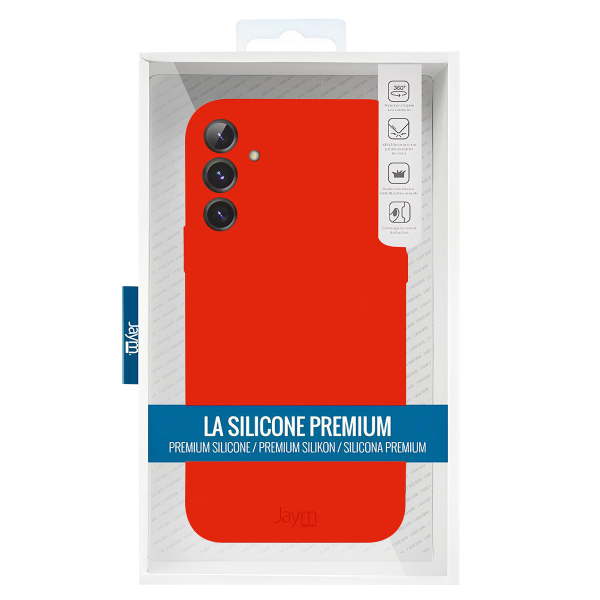 Una custodia rossa per telefono è esposta in una scatola bianca. Ha un sistema di fotocamera ed è etichettata "LA SILICONE PREMIUM".