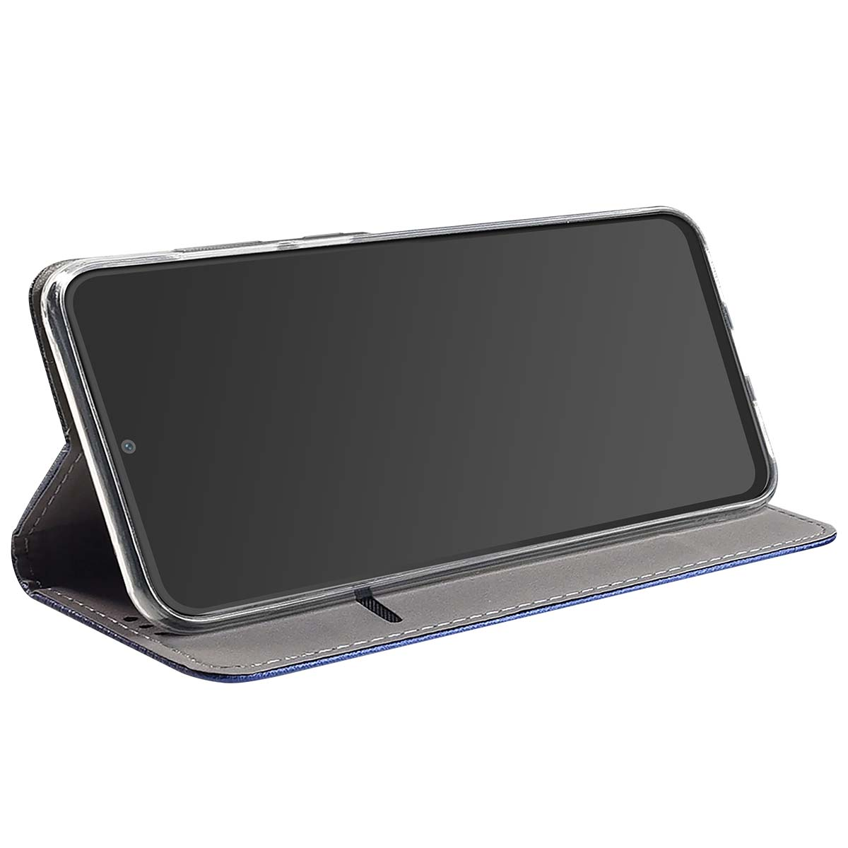Un telefono cellulare in una custodia blu e grigia, lo schermo è vuoto. La custodia è aperta, mostrando un telefono.