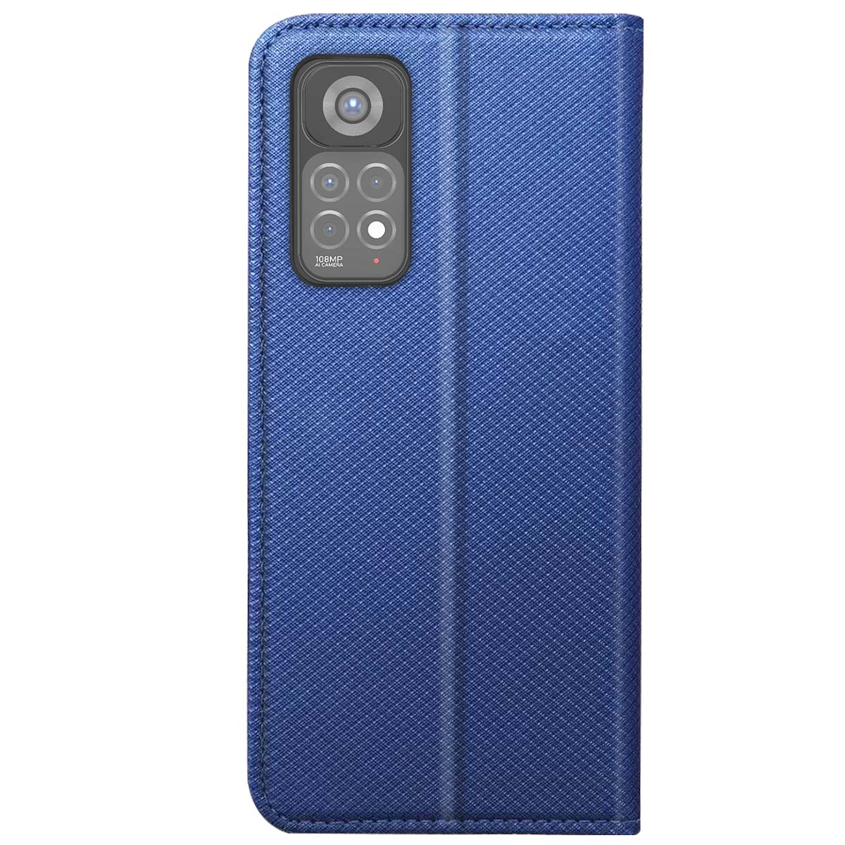 Custodia blu per telefono con modulo fotocamera visibile. Ha una superficie strutturata. La custodia è chiusa.