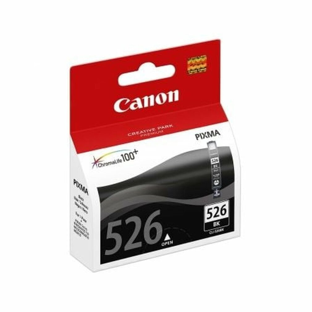 Canon Pixma 526 zwarte inktcartridge. Rode bovenkant met Canon logo, zwart en grijs ontwerp, witte doos met productdetails.