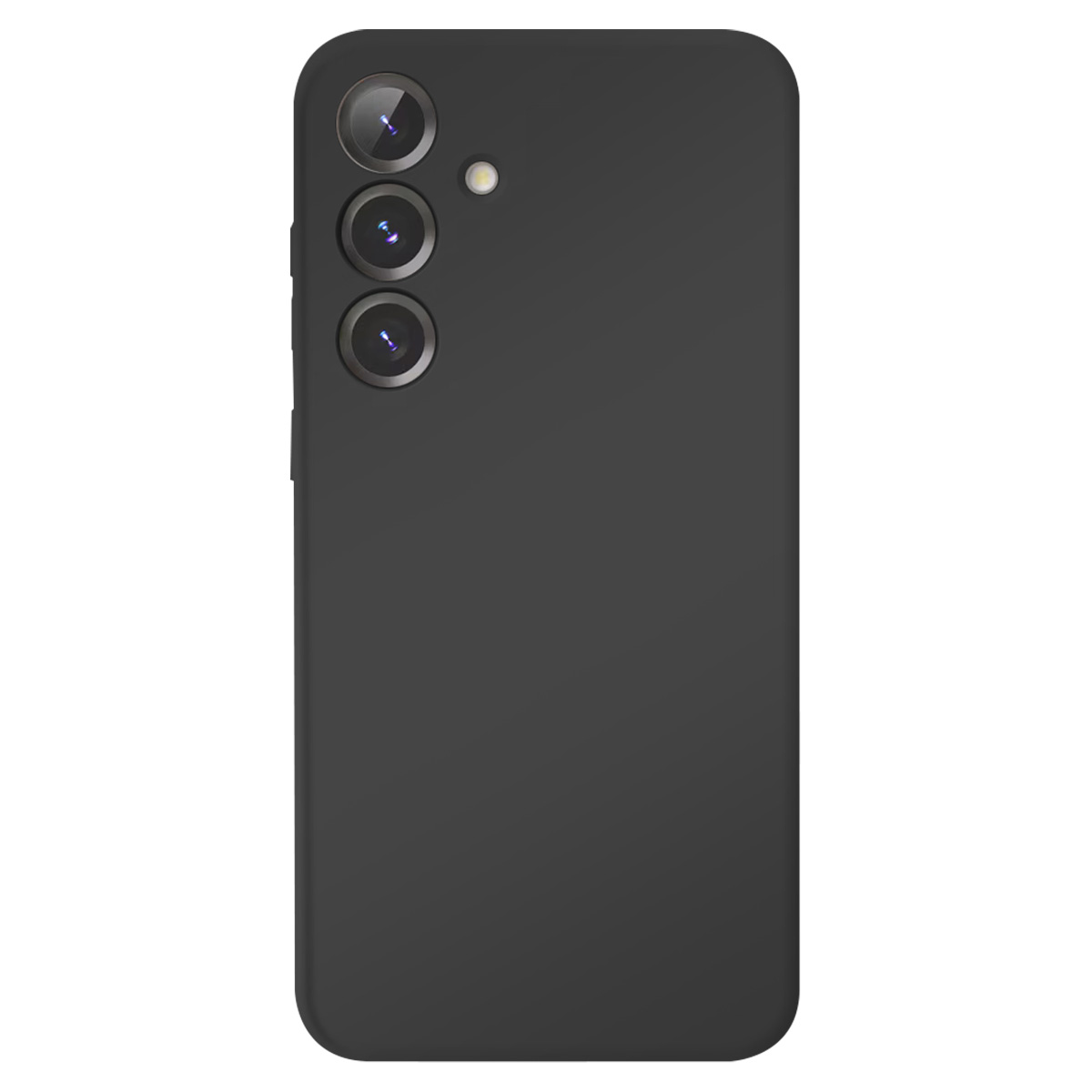 Retro di smartphone nero con tre fotocamere e un flash. Il telefono ha angoli arrotondati. Lo sfondo è bianco.