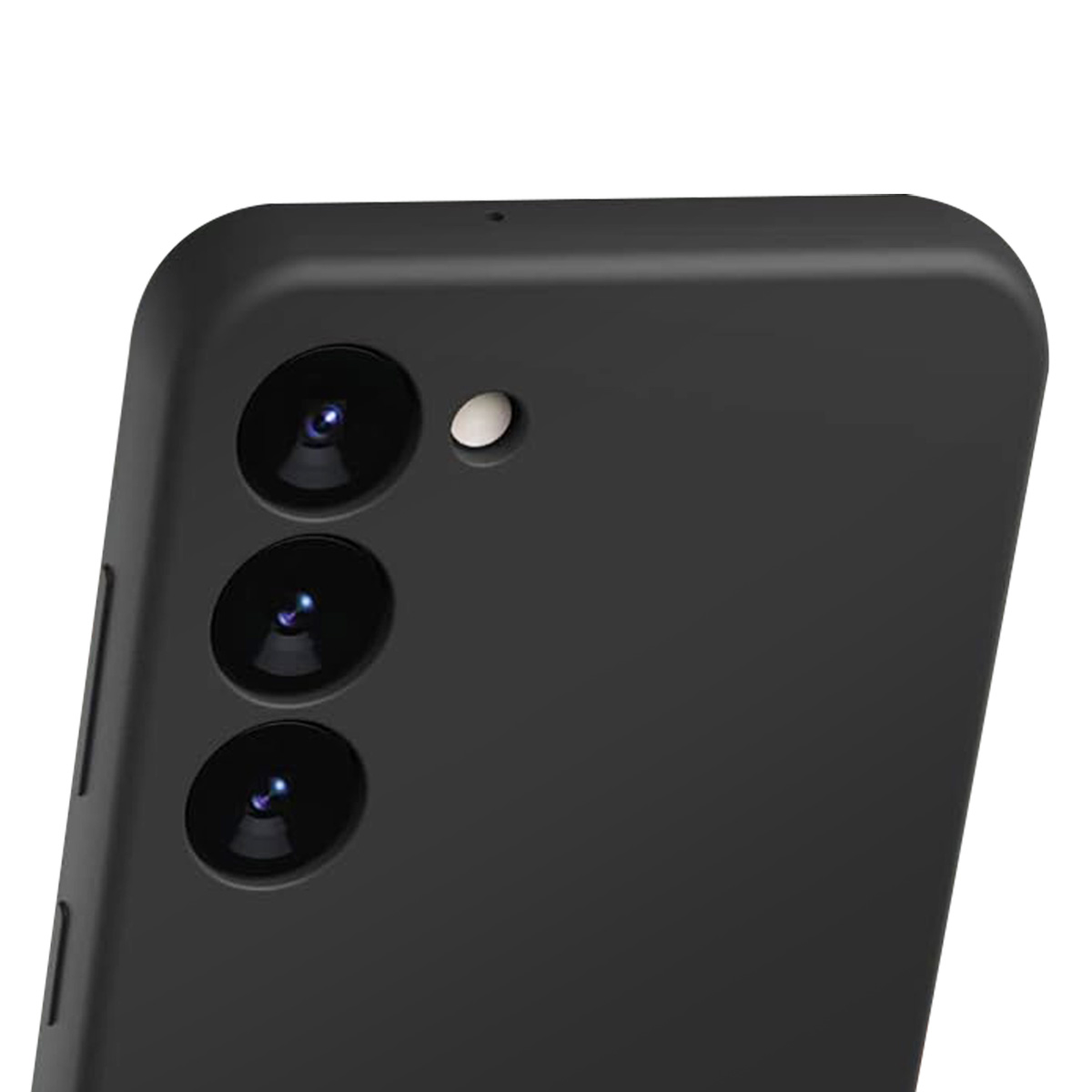 Primo piano del retro di uno smartphone nero. Sono visibili tre obiettivi della fotocamera, un flash e un microfono. Il telefono è elegante e moderno.