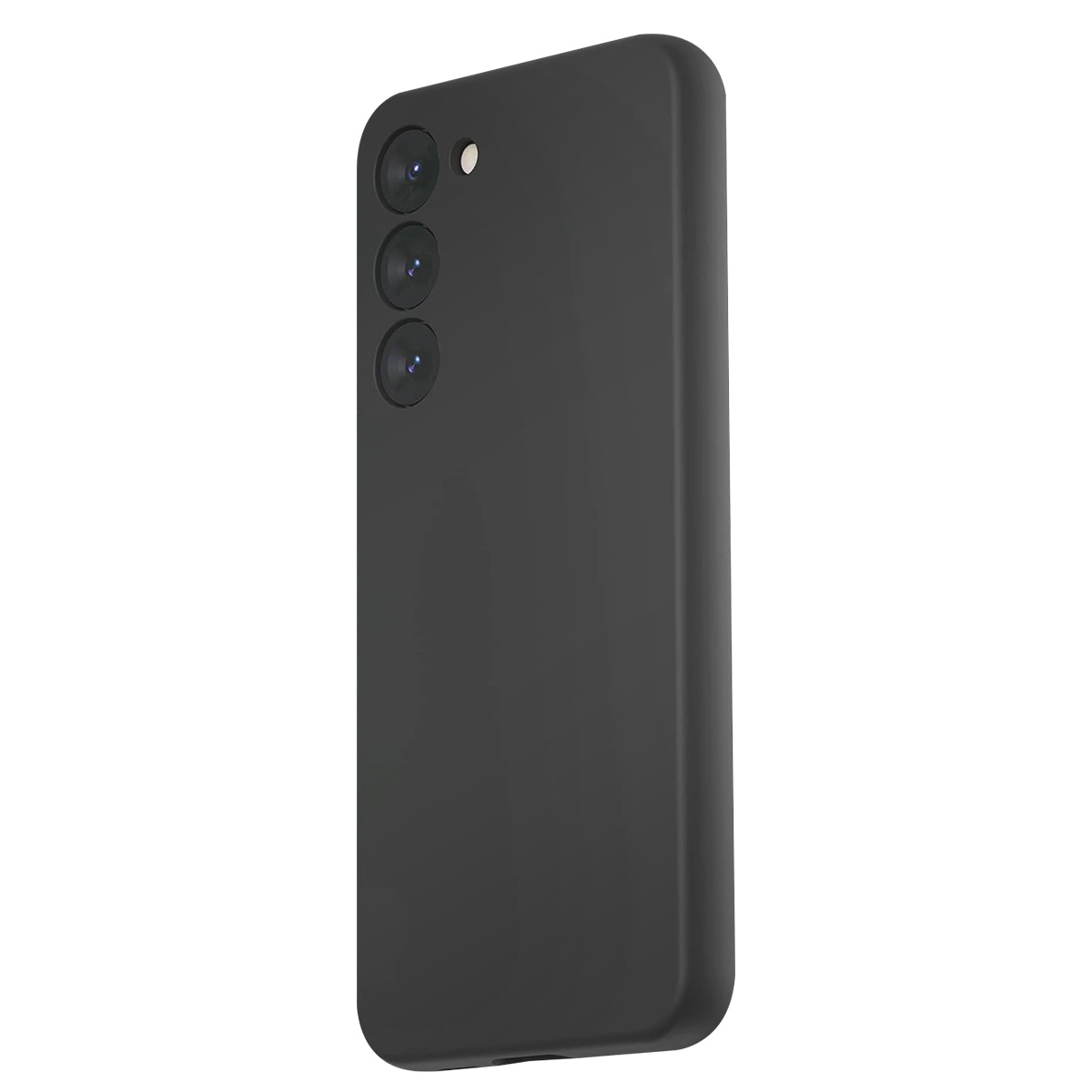 Un telefono nero con tre obiettivi e un flash è mostrato su sfondo bianco. La custodia è opaca.