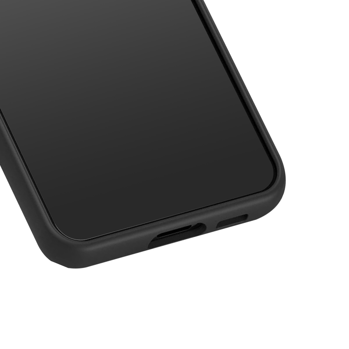 Primo piano di uno smartphone nero. Lo schermo è visibile con un bordo nero e il bordo inferiore mostra le porte. Sfondo bianco.