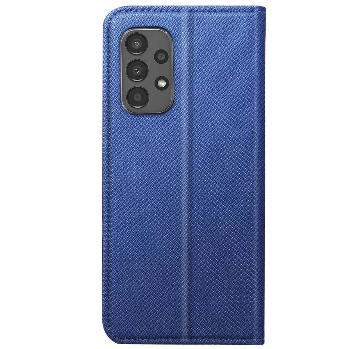 Custodia blu per telefono con superficie strutturata. Ha un modulo fotocamera sulla parte anteriore. La custodia è chiusa.