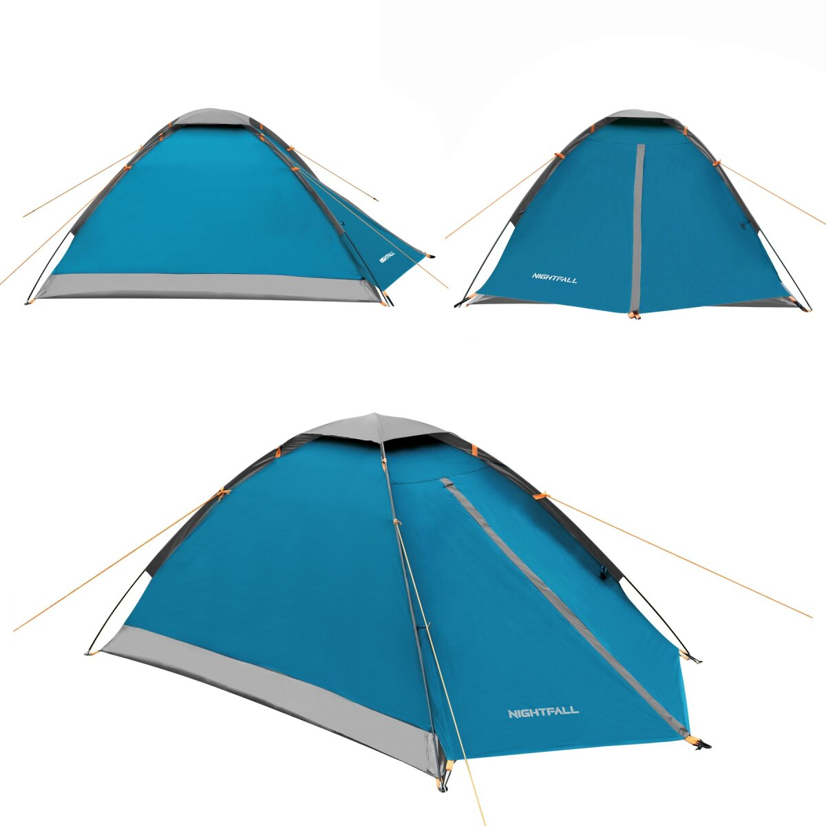 Een blauwe kampeertent met grijze accenten en het woord 'NIGHTFALL'. Op een witte achtergrond.