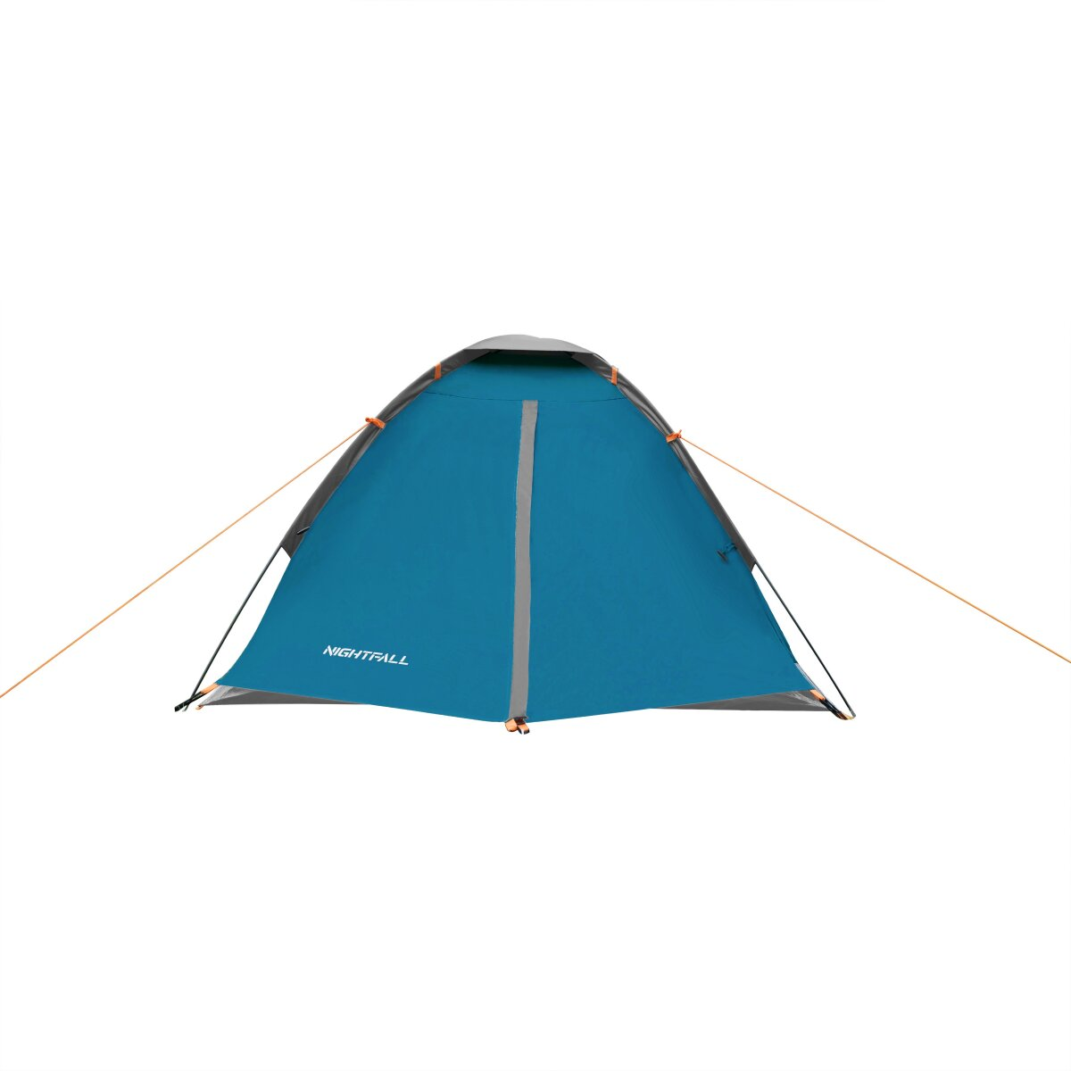 Een blauwe tent met grijze accenten en oranje steunlijnen tegen een witte achtergrond. Het merk NIGHTFALL is zichtbaar.