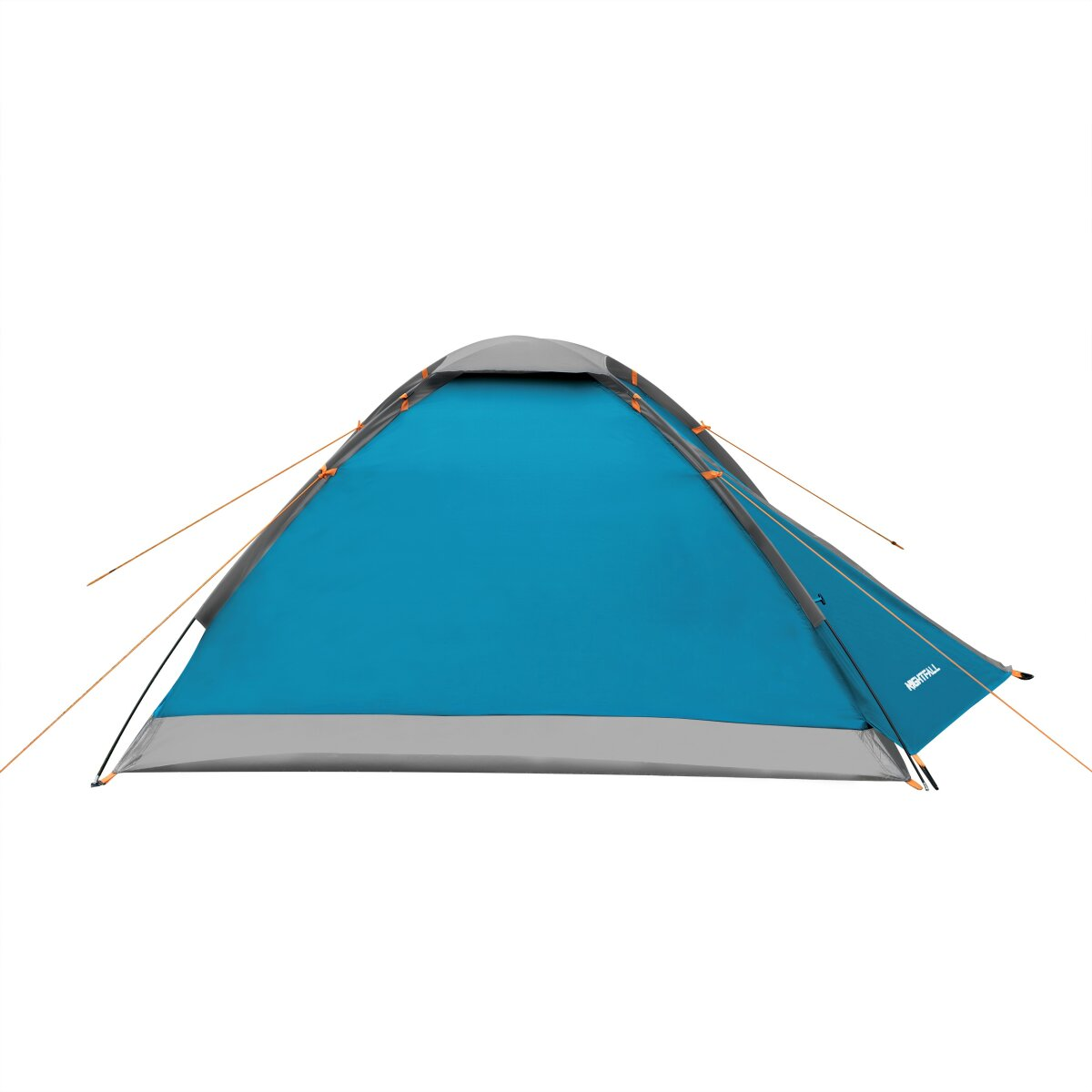 Een blauw-grijze tent staat op een witte achtergrond. De tent heeft oranje accenten en scheerlijnen. De merknaam is zichtbaar.