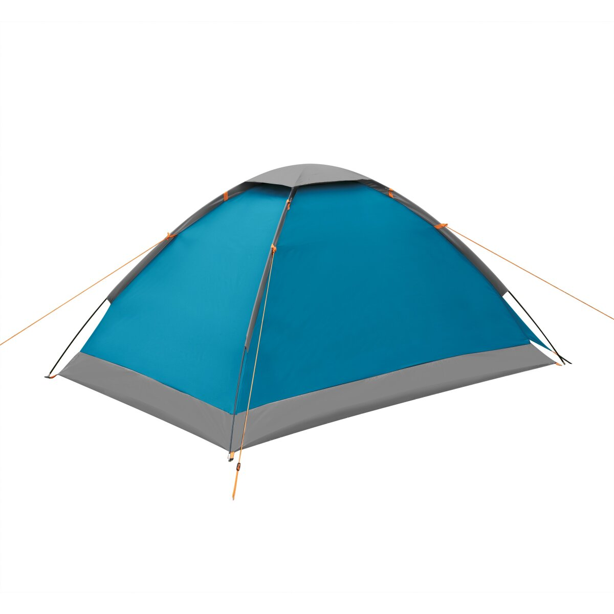Een blauw-grijze kampeertent is geïsoleerd op een witte achtergrond. De tent heeft een koepelvorm en wordt ondersteund door oranje touwen.