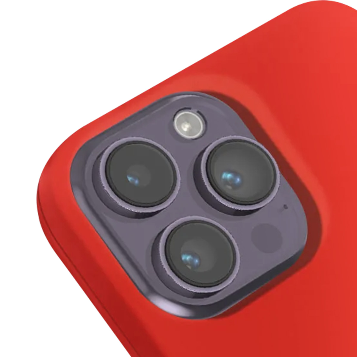 Primo piano di un telefono rosso con un modulo fotocamera a tripla lente. Le lenti della fotocamera sono nere, circondate da una cornice grigia.