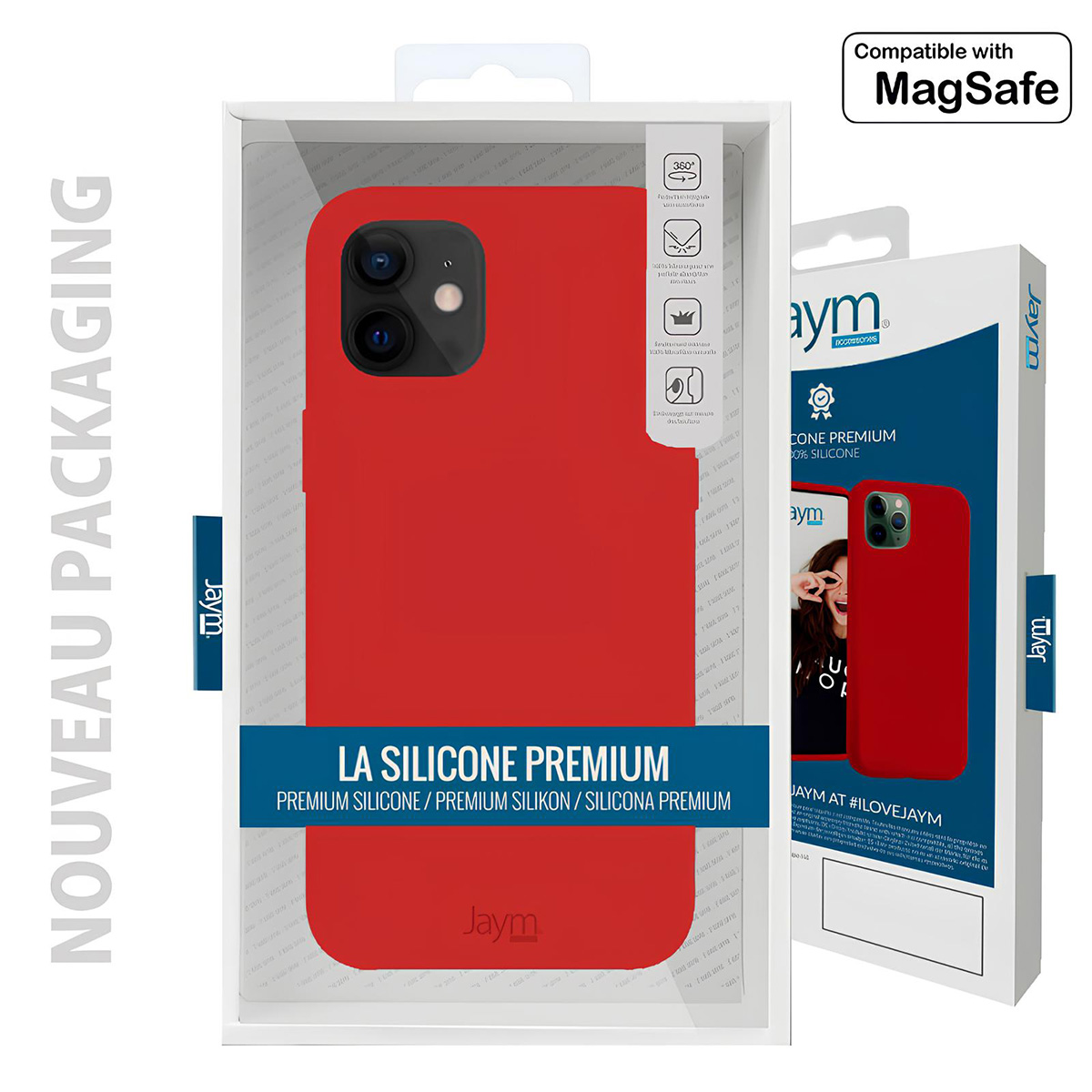 Una custodia rossa per telefono nella confezione. La confezione mostra anche la custodia, un iPhone compatibile e informazioni sul marchio. Lo sfondo è bianco.
