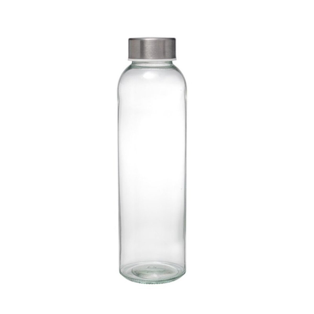 Eine klare Glaswasserflasche mit silbernem Deckel steht vor weißem Hintergrund. Die Flasche ist leer und zylindrisch.