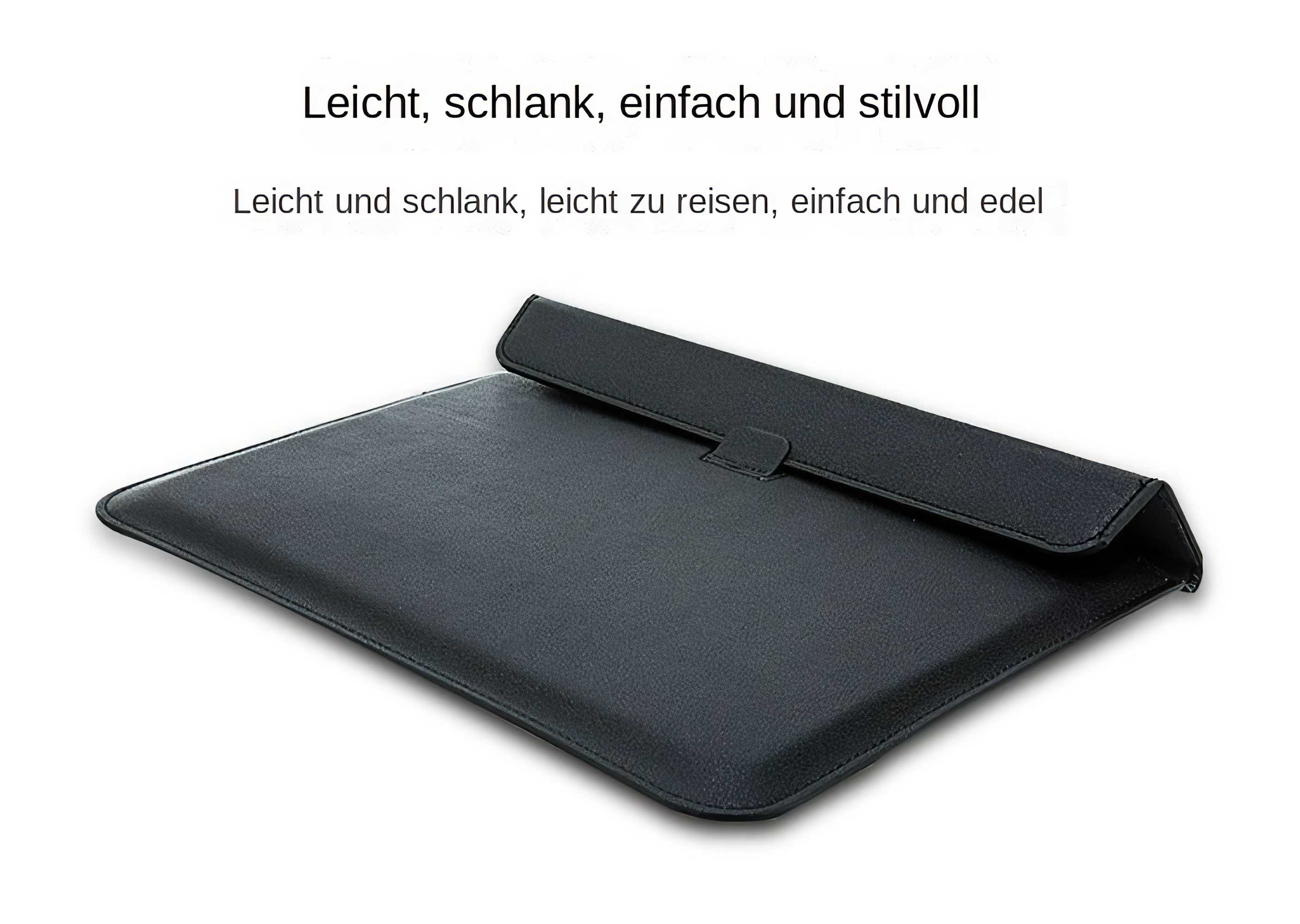 Schwarze Laptop-Hülle mit Magnetklappe auf weißem Hintergrund. Text auf Deutsch oben.