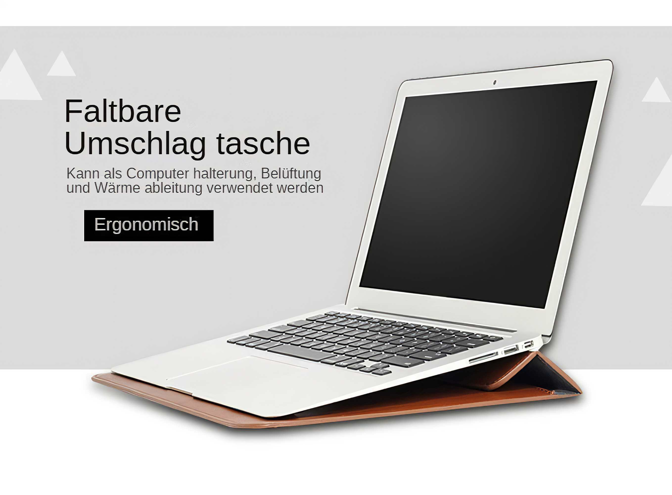 Ein Laptop auf einem braunen Ständer. Text auf Deutsch besagt, dass es sich um eine faltbare Hülle handelt.