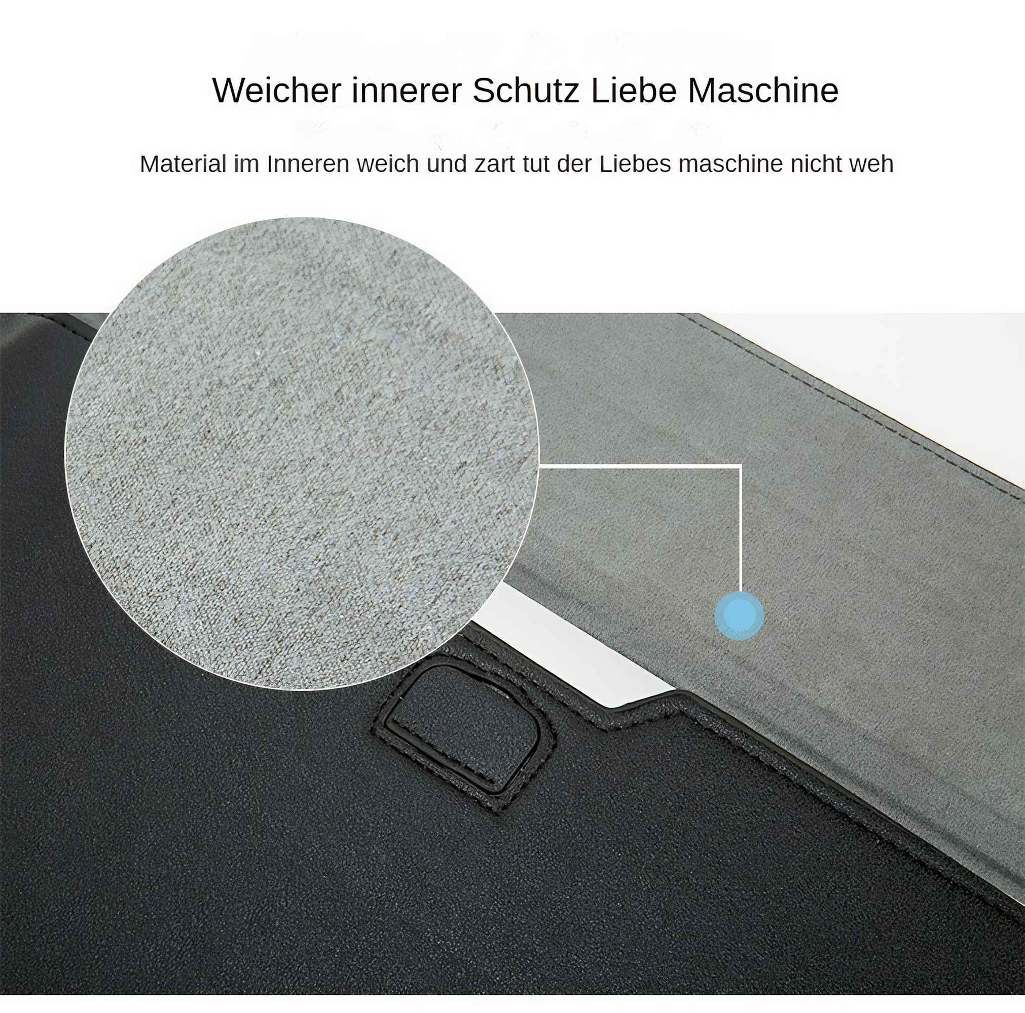 Nahaufnahme von schwarzem und grauem strukturiertem Material. Ein kreisförmiges Detail zeigt die Textur. Text befindet sich oben.