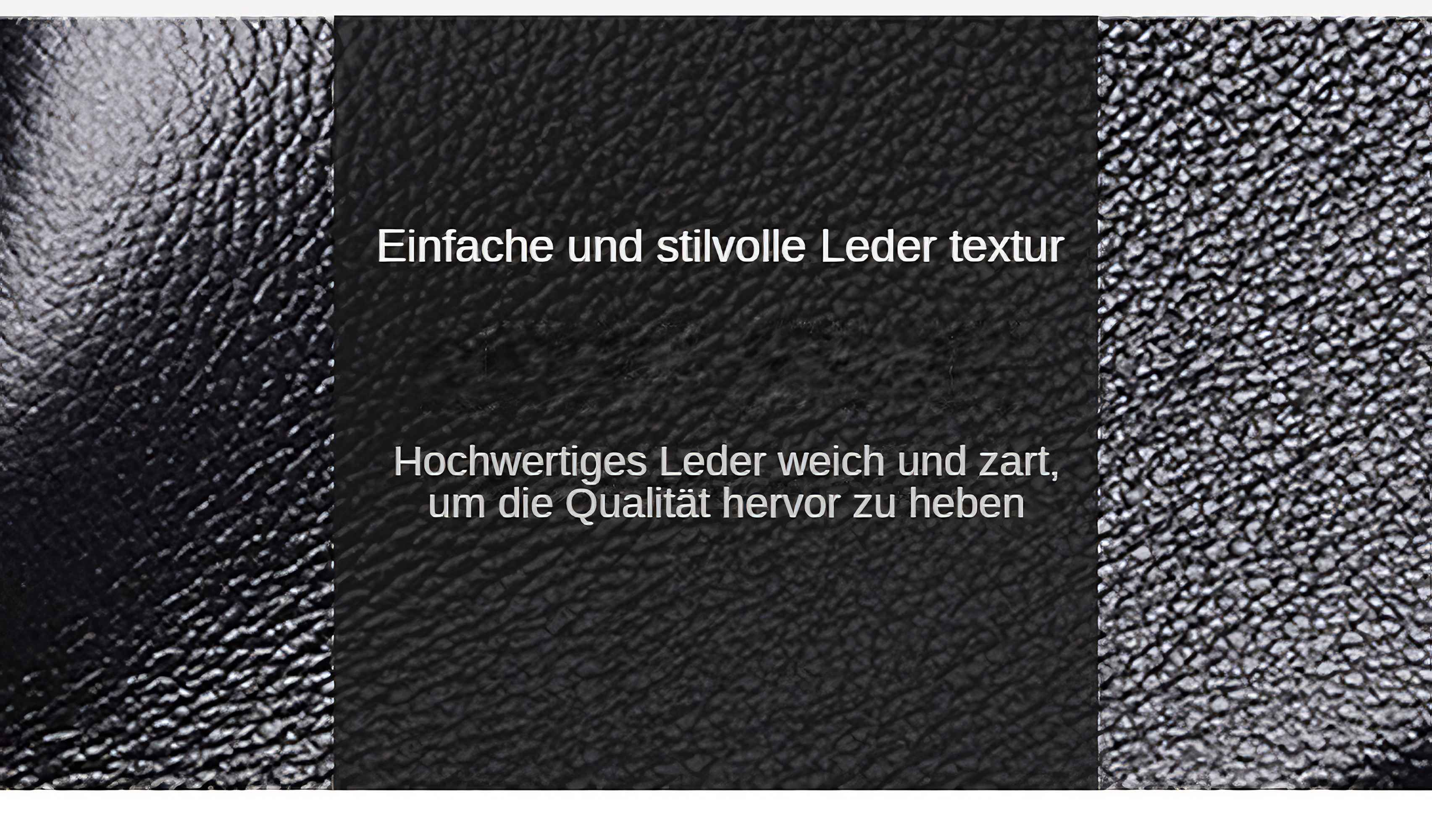 Das Bild zeigt strukturiertes schwarzes Leder mit Text: Einfache und stilvolle Ledertextur. Hochwertiges Leder ist weich und zart.