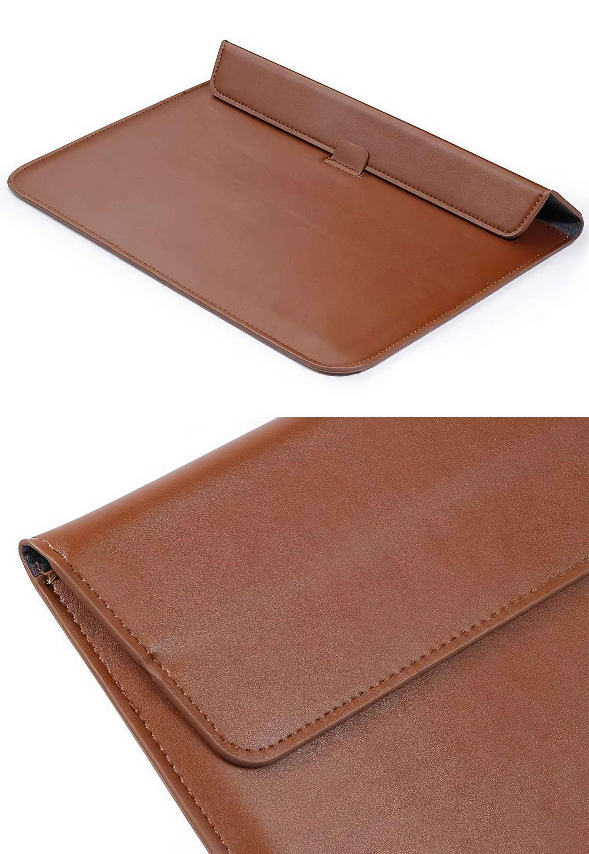 Braune Laptop-Hülle aus Leder, geschlossen. Die Oberseite hat eine Lasche, die mit einem Steg gesichert ist.