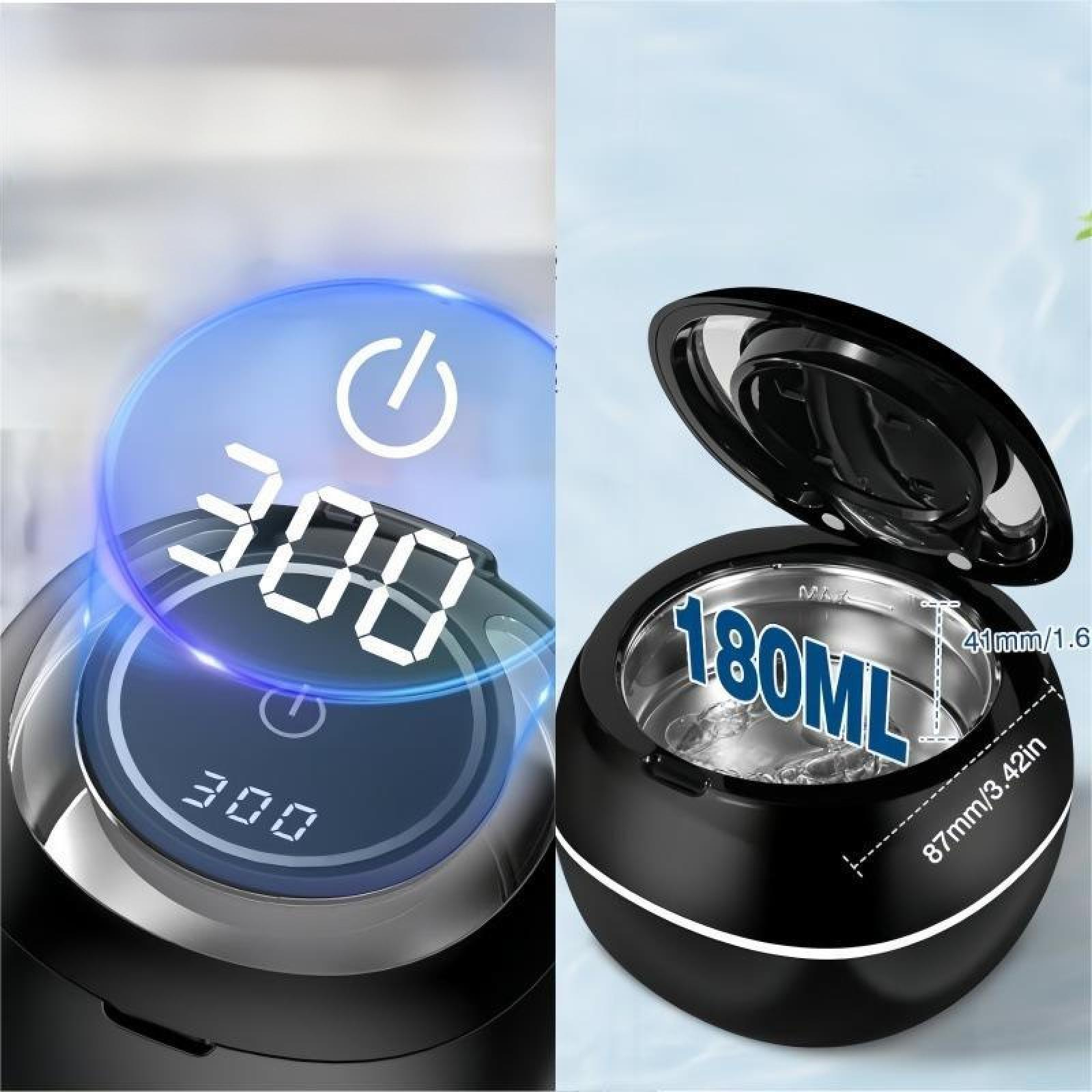 Ein schwarzes Gerät mit Digitalanzeige '300'. Rechts das offene Gerät mit '180ML' und Maßen.