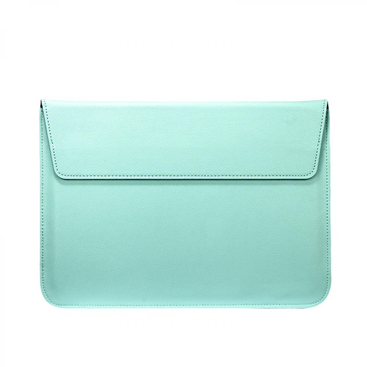 Eine helltürkisfarbene Laptoptasche auf weißem Hintergrund. Sie hat einen Klappenverschluss und besteht aus glattem Material.