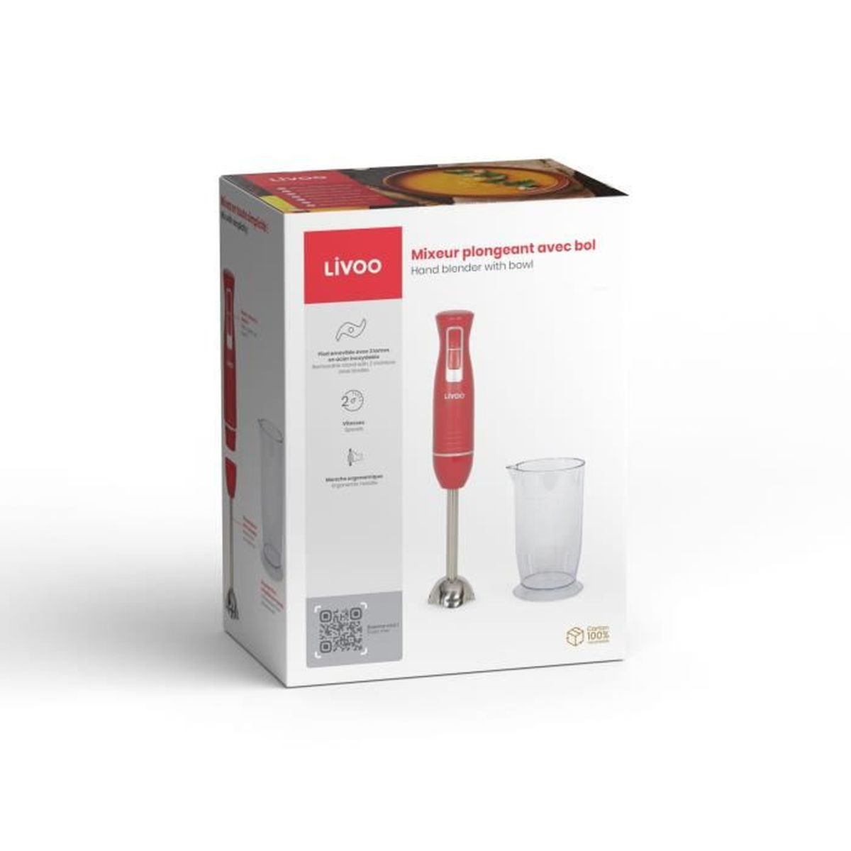 Eine Schachtel für einen Handmixer mit Schüssel. Die Schachtel ist weiß und rot, mit dem Mixer und der Schüssel. Der Mixer ist rot.