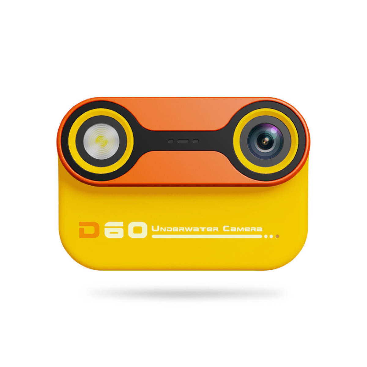 Żółto-pomarańczowa kamera podwodna. Ma dwa obiektywy, a tekst brzmi D60 Underwater Camera.
