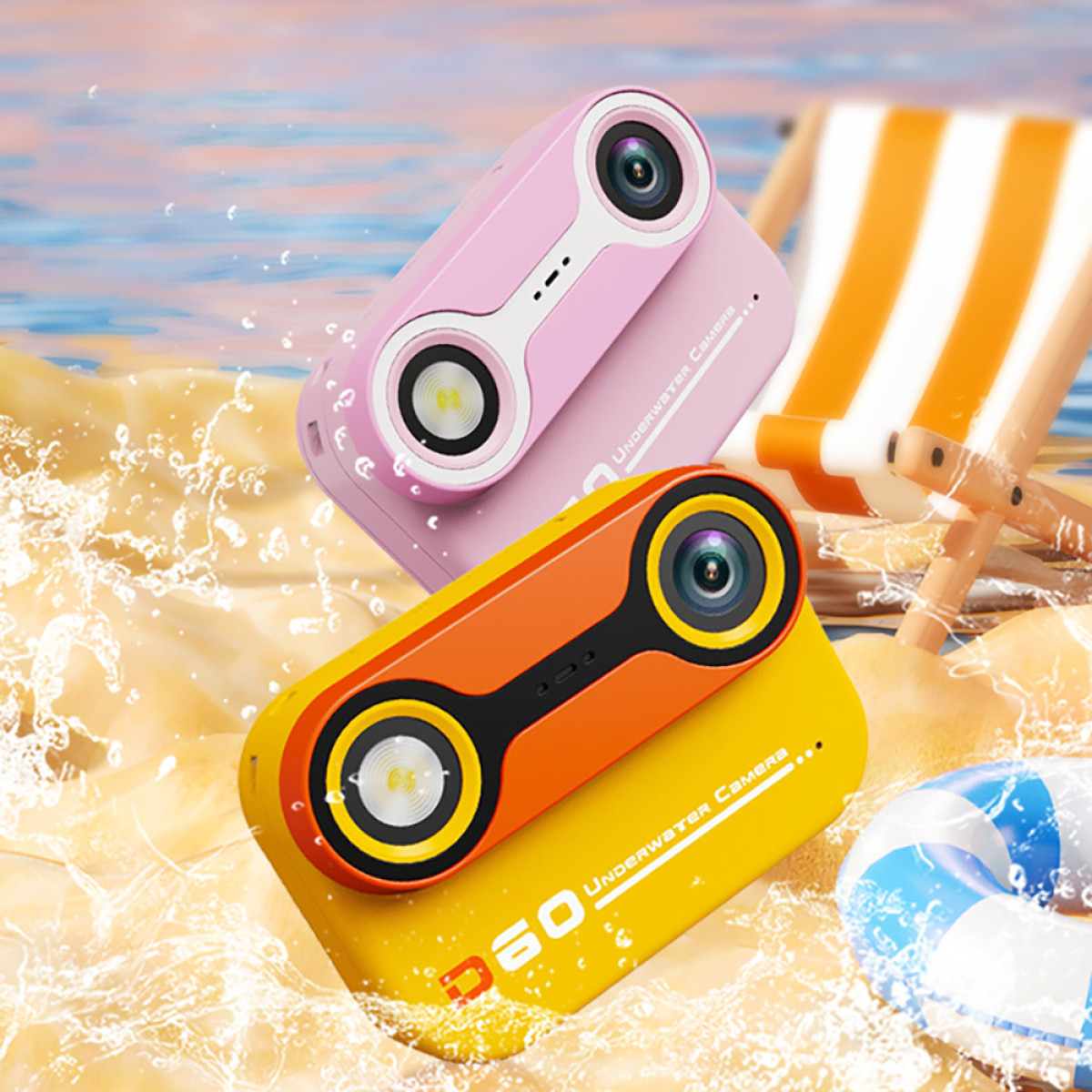 Trzy kolorowe kamery podwodne: różowa, pomarańczowa i żółta. Scena na plaży z leżakiem i niebiesko-białym kołem ratunkowym.