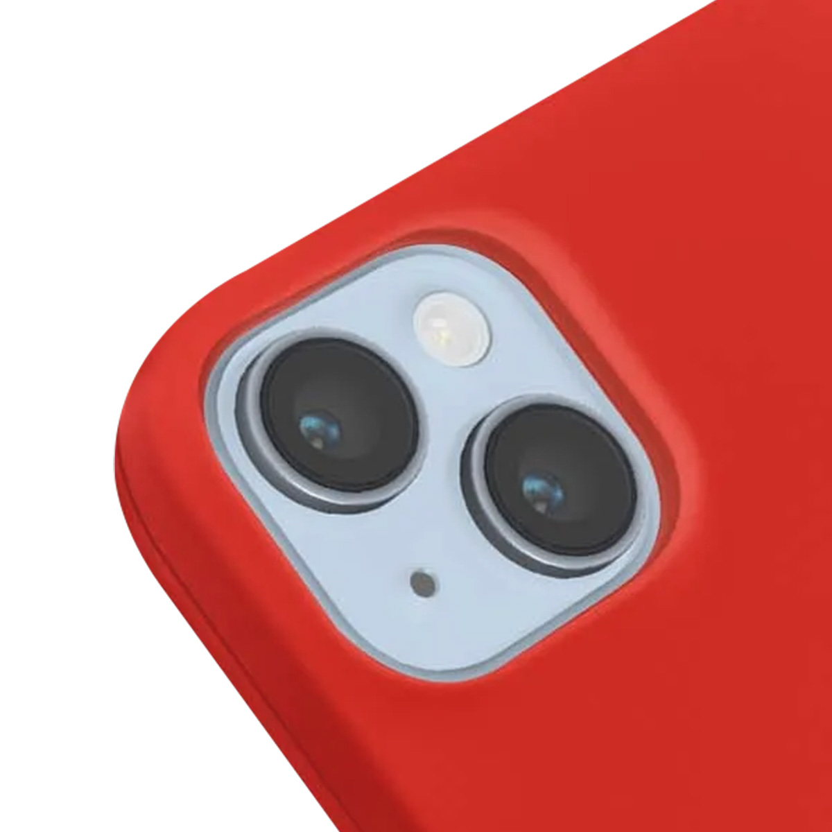 Primo piano di una custodia rossa per telefono con un modulo fotocamera. Il modulo ha due lenti scure e un flash colorato chiaro.